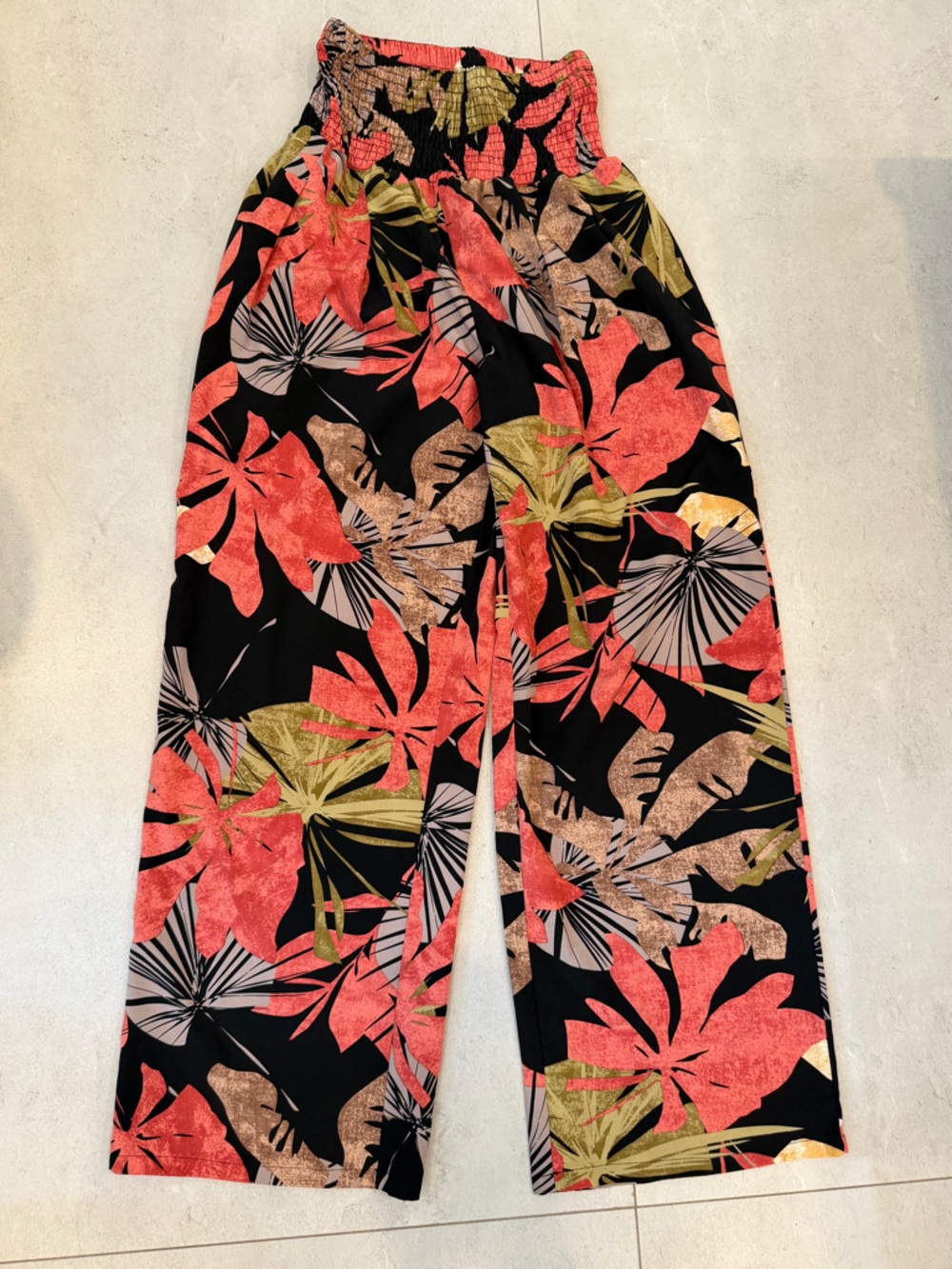 Tropical Print Wide Leg Pants High Waist Smocked Waist Size S
